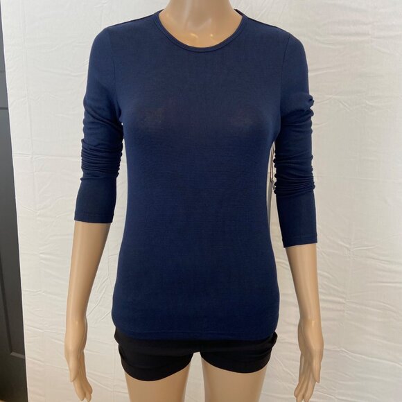 Womens Navy Open-Back Long Sleeve Top S Karma Stretchy Fabric Casual Fit Round - Picture 8 of 12